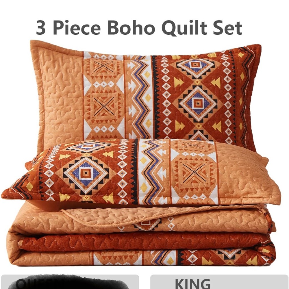 King Size Orange Quilt Set Geometric Pattern - Picture 8 of 8